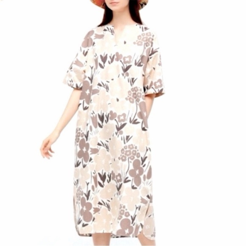 Uniqlo X Marimekko brown Floral Linen Blend Kaftan Midi Dress sz S